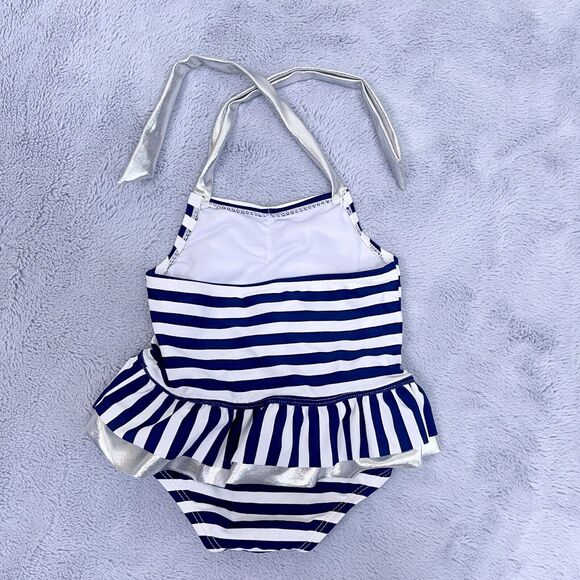 Kiko & Max Striped Ruffled One Piece Swimsuit Blue White Silver Baby Girl 12M - Picture 4 of 7